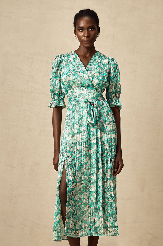 Alisa green floral-print high-slit midi dress