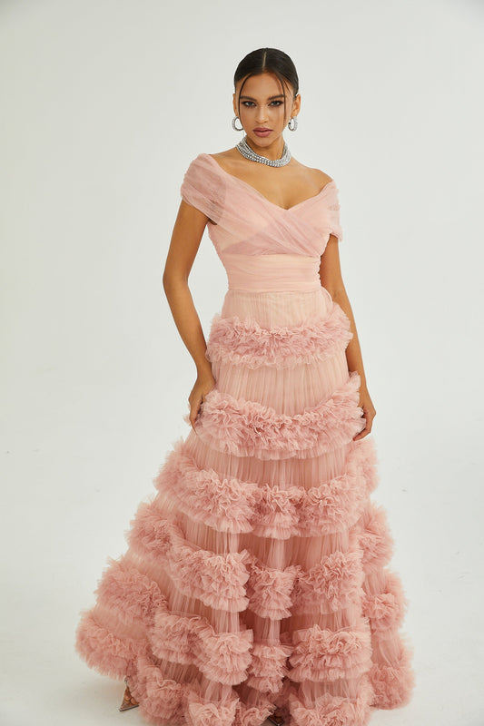Solène pink tiered maxi dress