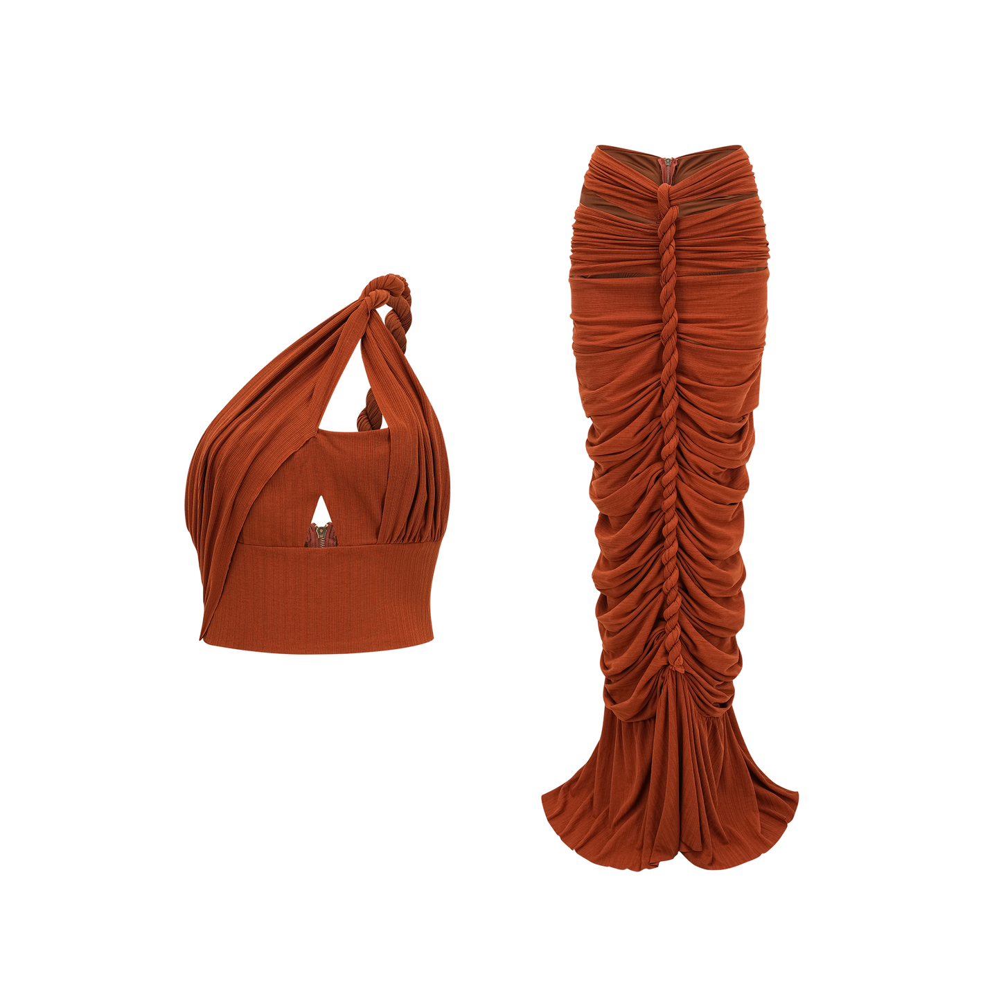Célestine brown twisted cut-out top & skirt matching set