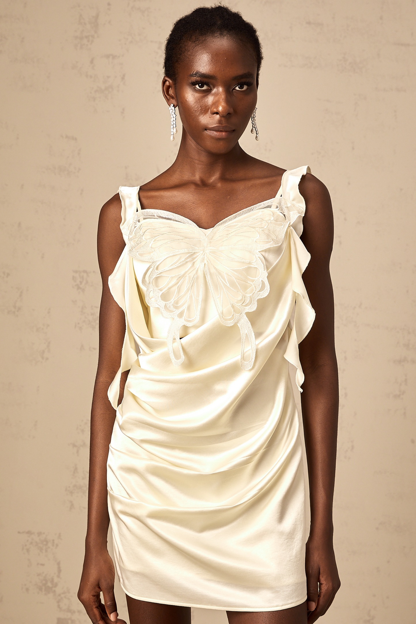 Sylvia neutrals butterfly draped mini dress