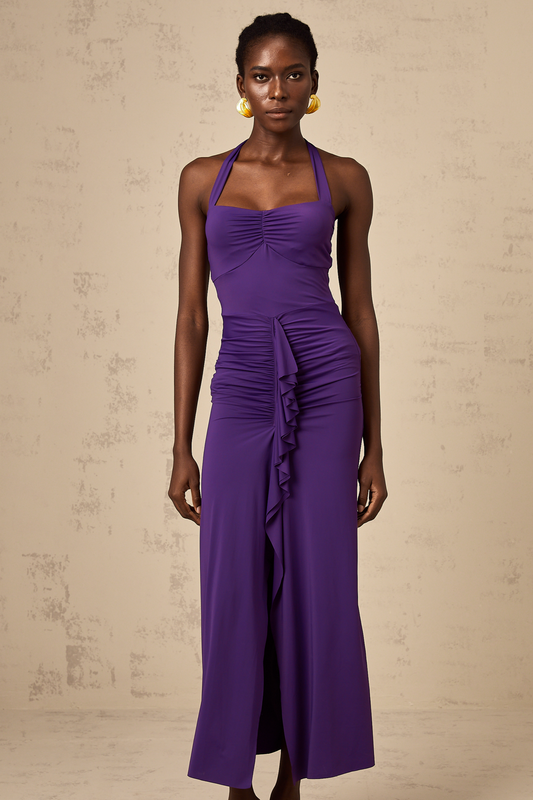 Renata purple halterneck ruched midi dress