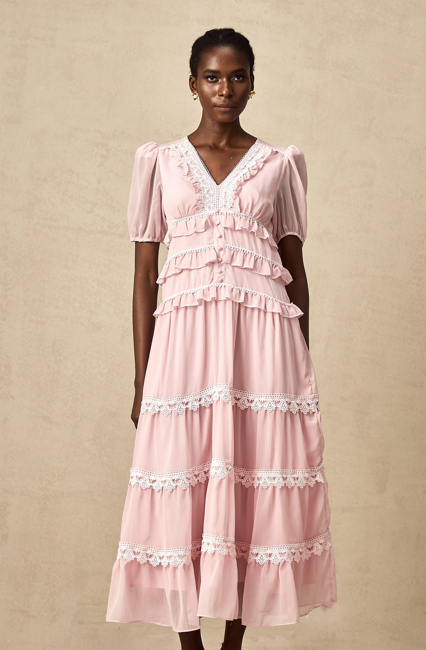 Amelie pink ruffled tiered midi dress