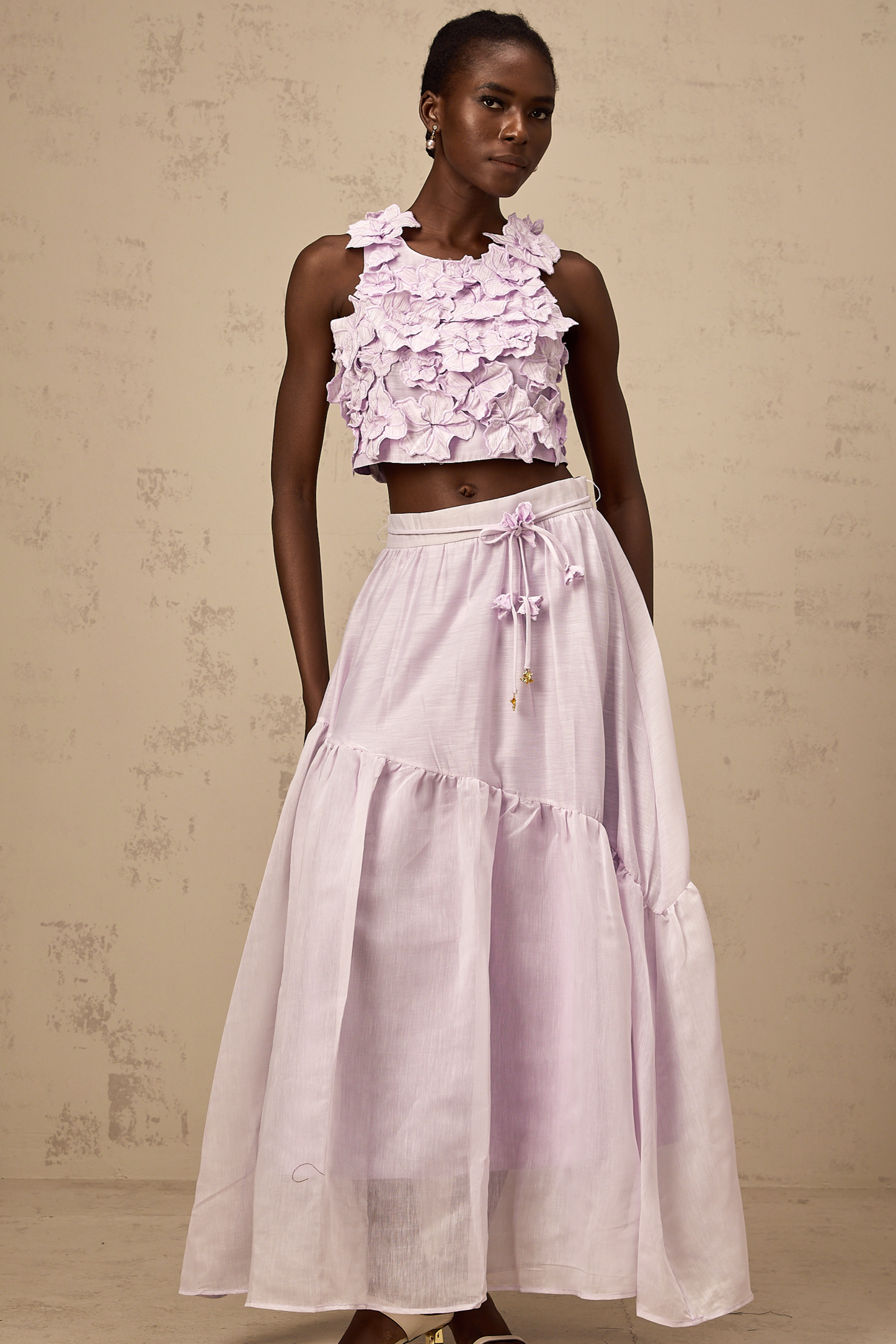 Eléa purple faux-flower top & skirt matching set