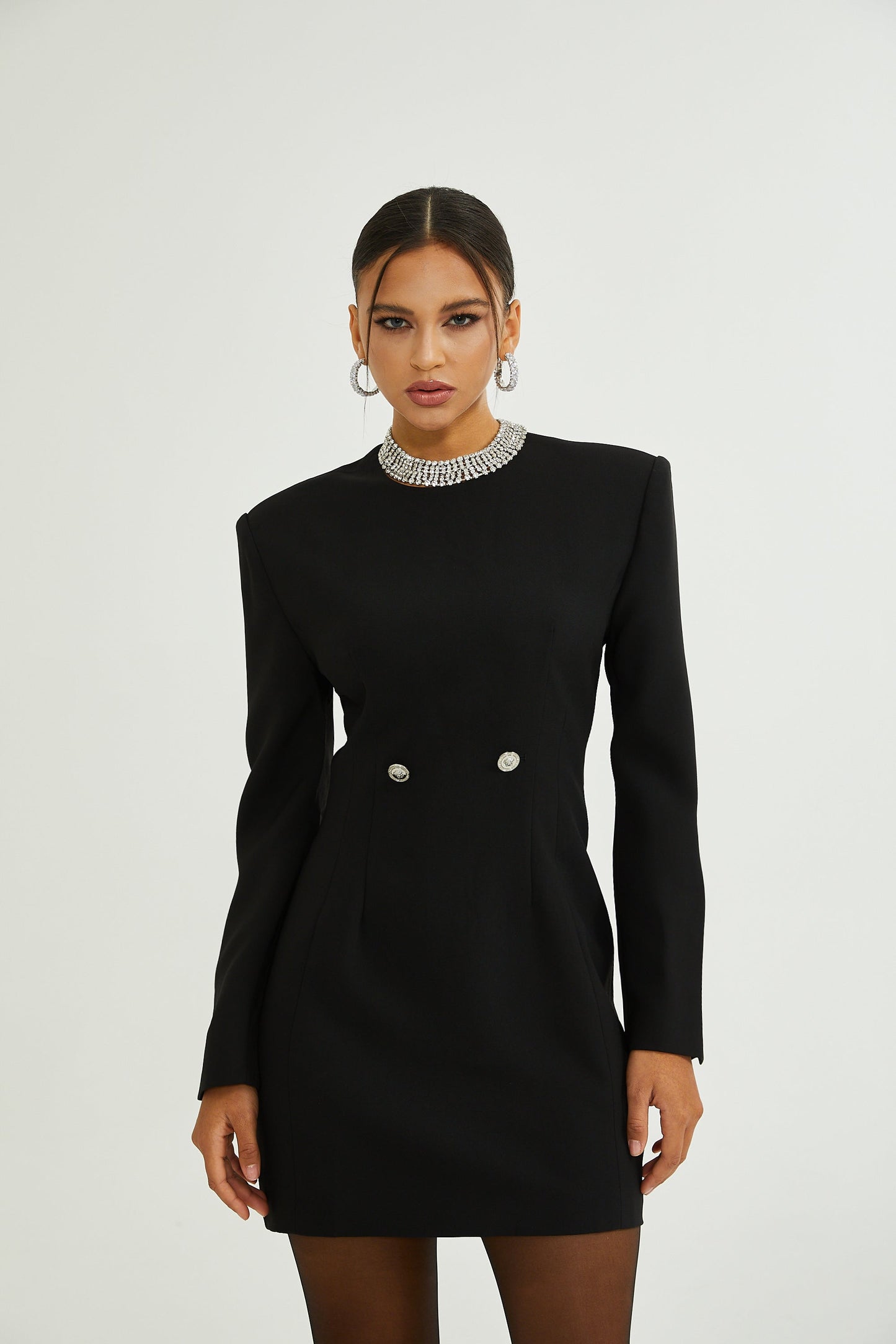Magali black hourglass shoulder-padded mini dress