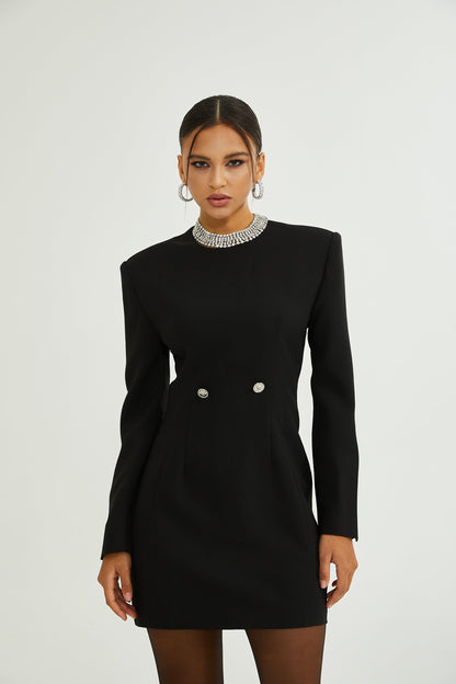 Magali black hourglass shoulder-padded mini dress