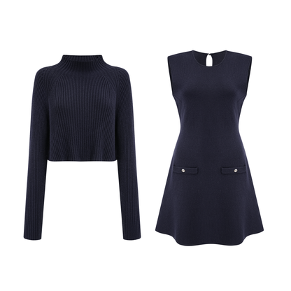 Clarisse dark-blue knitted top & dress matching set