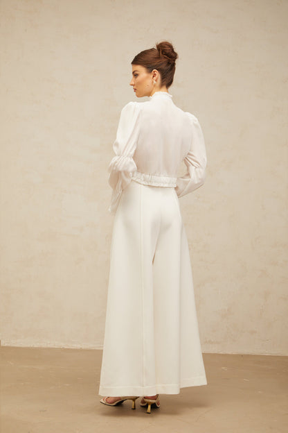 Paulette white bowknot shirred-panel ruffled shirt