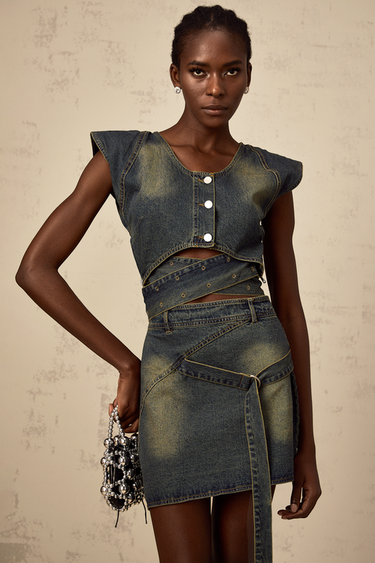 Fanny blue cross-over denim top & skirt matching set