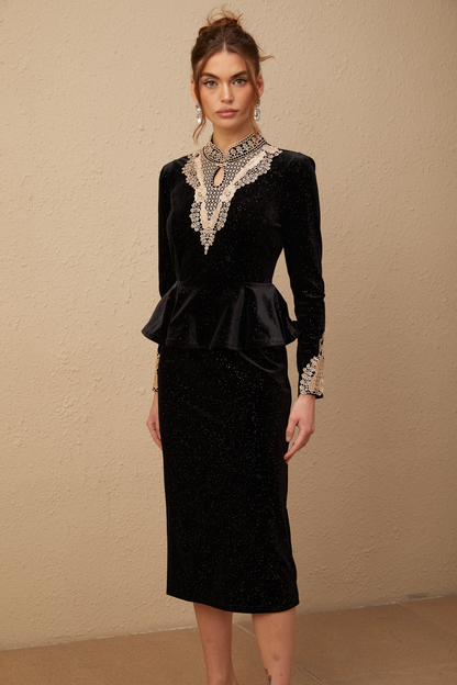 Roxane black velvet embellished midi dress