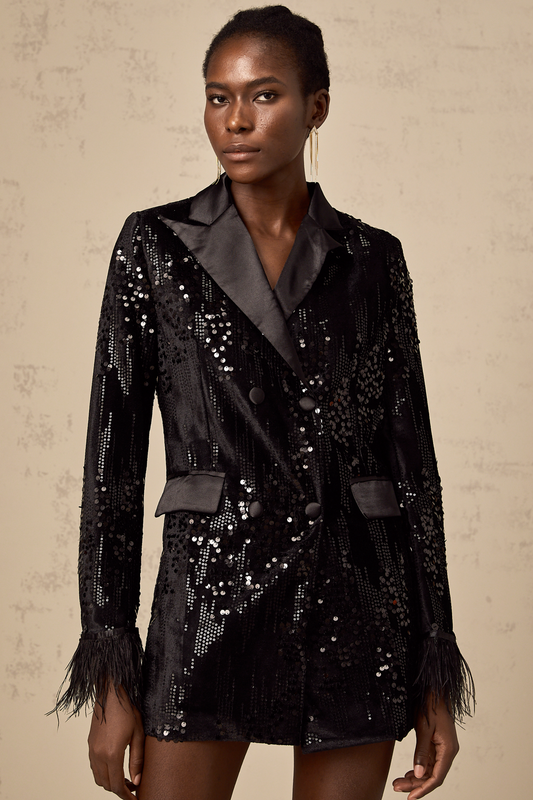 Ariane black feather-trim sequin-embellished blazer