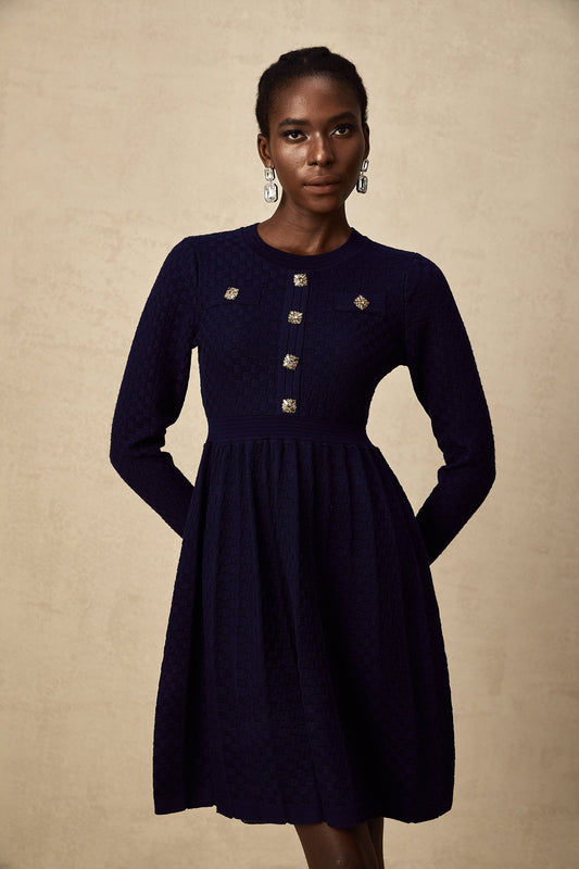 Rhéane navy basket-weave mini dress
