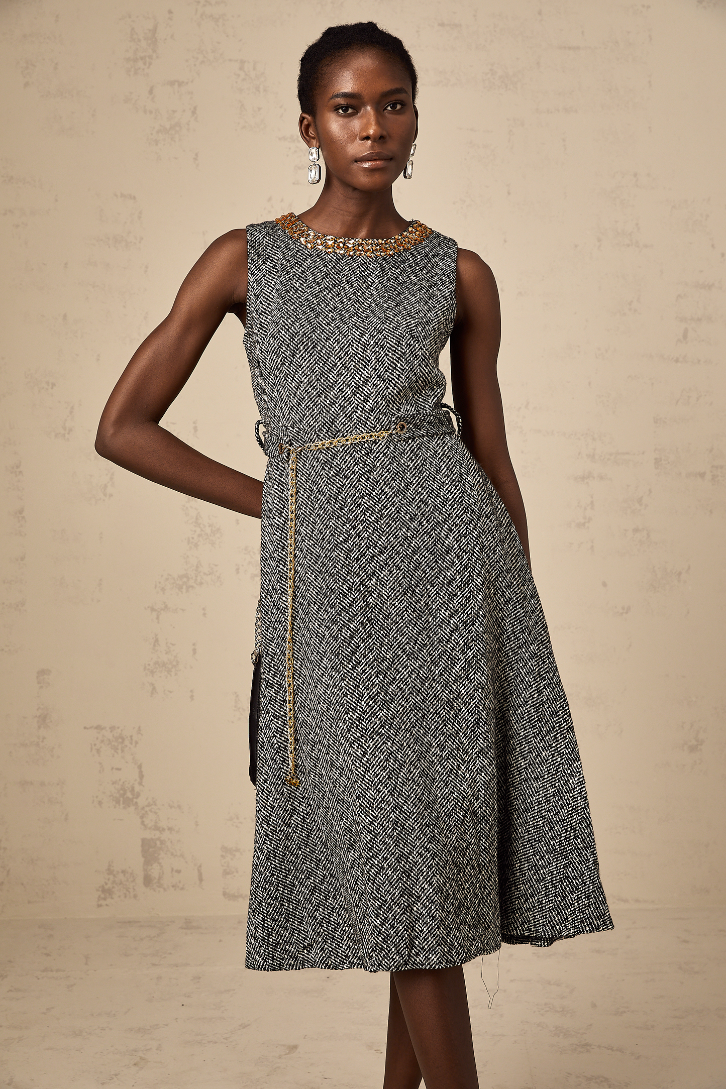 Valentine grey crystal sleeveless tweed midi dress