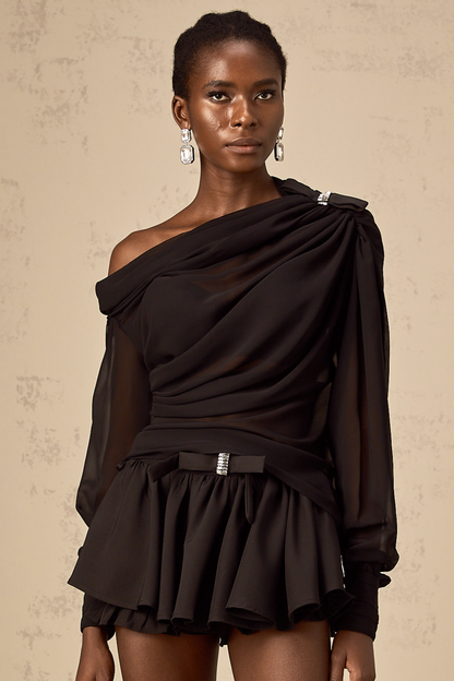 Andrea asymmetric tulle blouse & skirt matching set in Black