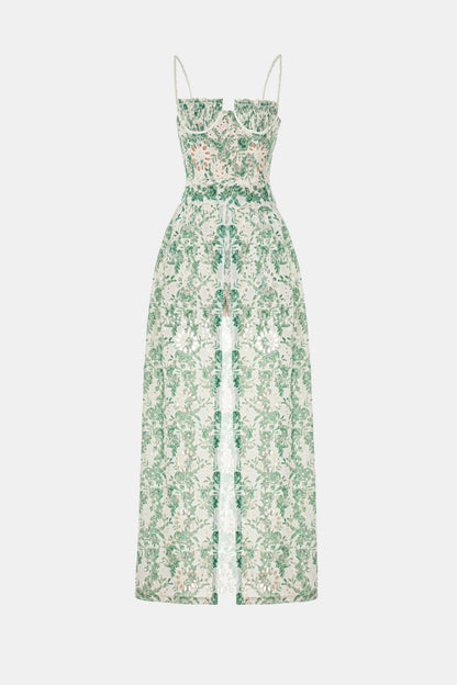 Abetzi Floral Embroidered Shorts & Maxi Dress Set - Green