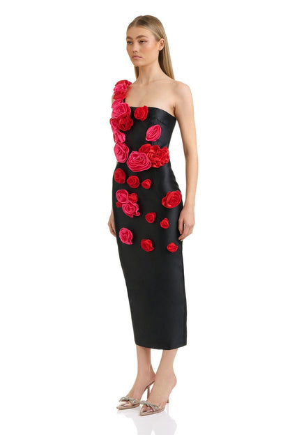 Allyson One Shoulder Floral Midi Bandage Dress