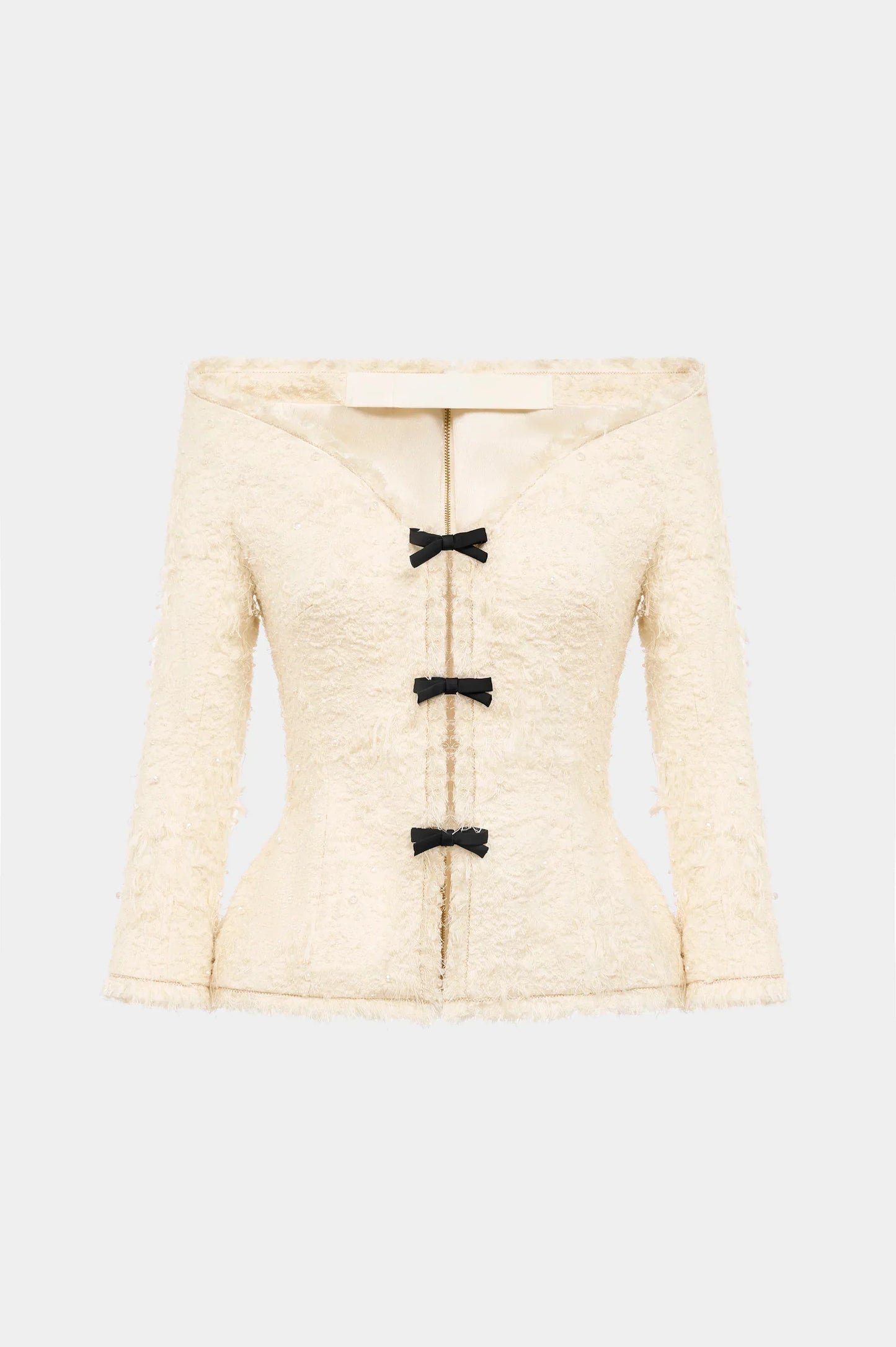 Arife Off Shoulder Bow Crystal Embellished Blazer Two Piece Set - Beige
