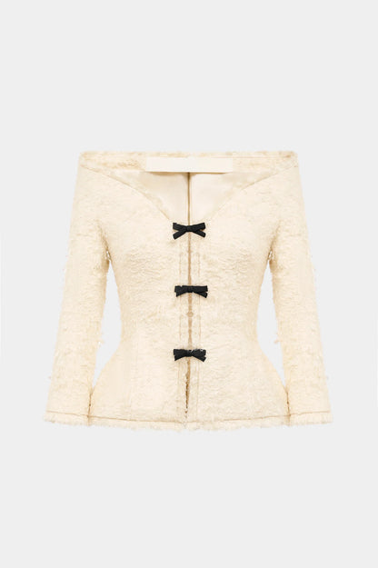 Arife Off Shoulder Bow Crystal Embellished Blazer Two Piece Set - Beige