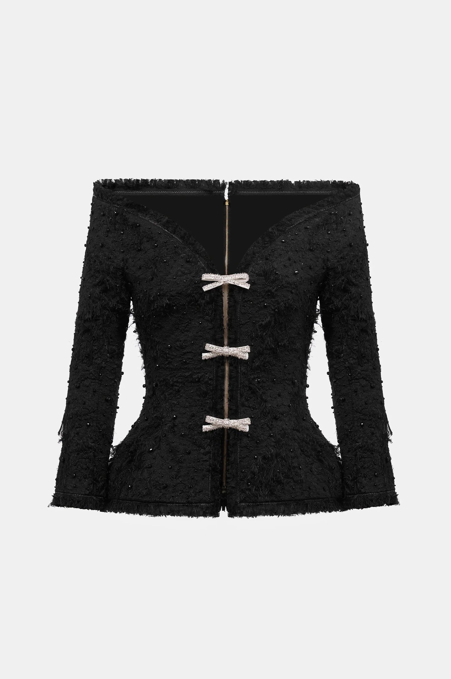 Arife Off Shoulder Bow Crystal Embellished Blazer Two Piece Set - Black