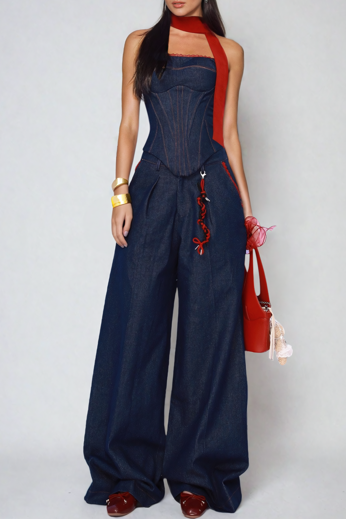 Kyra Strapless Lace Up Denim Set