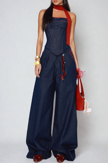 Kyra Strapless Lace Up Denim Set