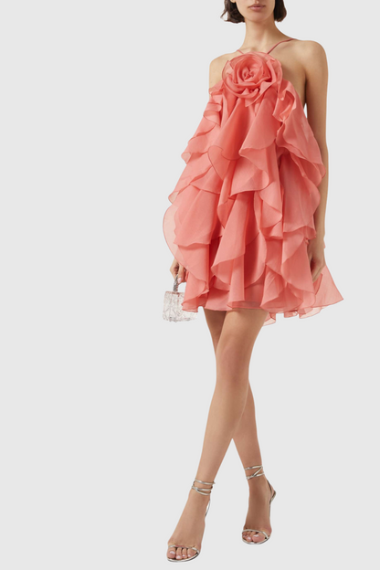 Caysie Halter Floral Ruffle Layered Mini Dress - Orange