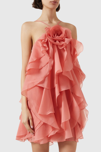 Caysie Halter Floral Ruffle Layered Mini Dress - Orange