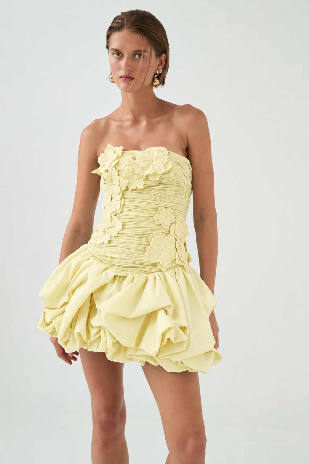 Coleka Floral Appliqué Strapless Mini Dress - Yellow