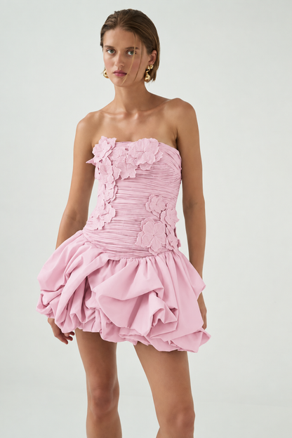 Coleka Floral Appliqué Strapless Mini Dress - Yellow
