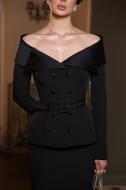 Cressida Off Shoulder Belted Blazer & Midi Skirt Set - Black
