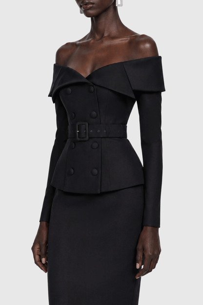 Cressida Off Shoulder Belted Blazer & Midi Skirt Set - Black