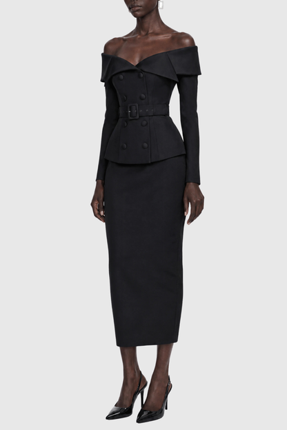 Cressida Off Shoulder Belted Blazer & Midi Skirt Set - Black