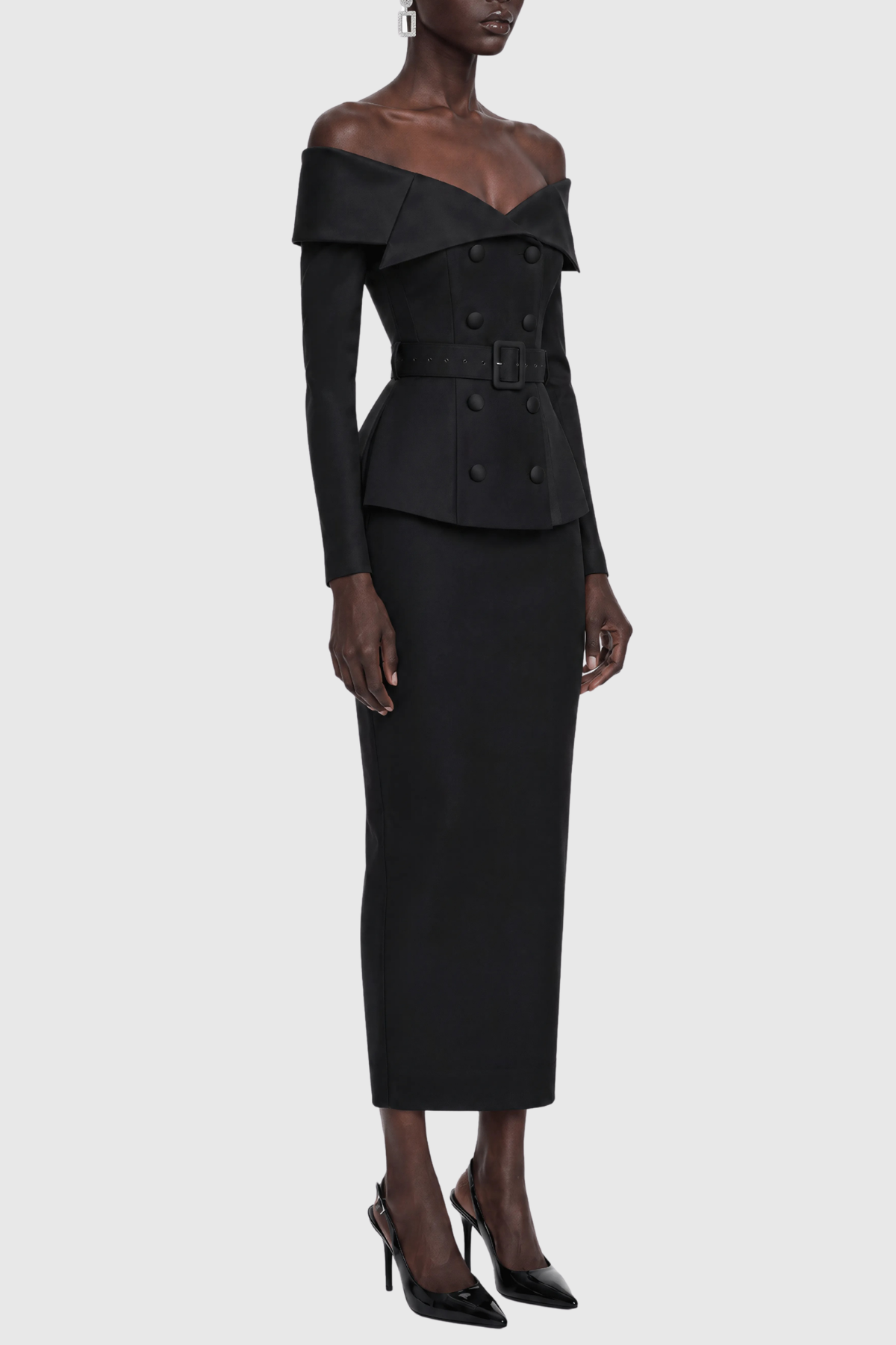 Cressida Off Shoulder Belted Blazer & Midi Skirt Set - Black