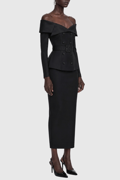 Cressida Off Shoulder Belted Blazer & Midi Skirt Set - Black