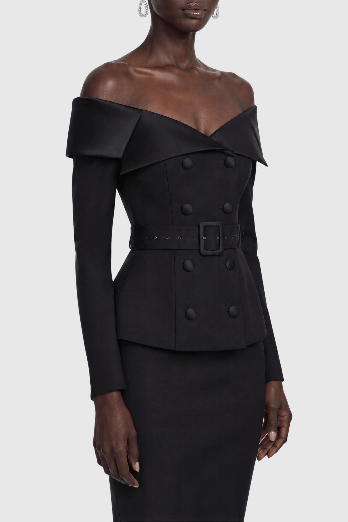 Cressida Off Shoulder Belted Blazer & Midi Skirt Set - Black