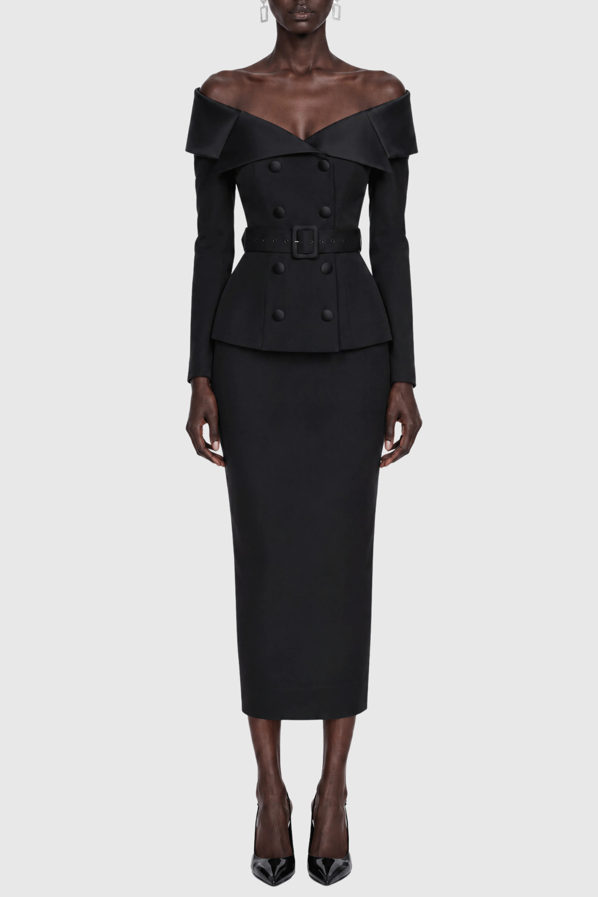 Cressida Off Shoulder Belted Blazer & Midi Skirt Set - Black