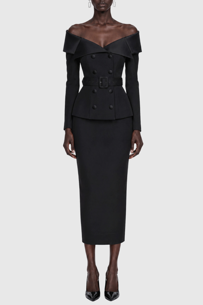 Cressida Off Shoulder Belted Blazer & Midi Skirt Set - Black