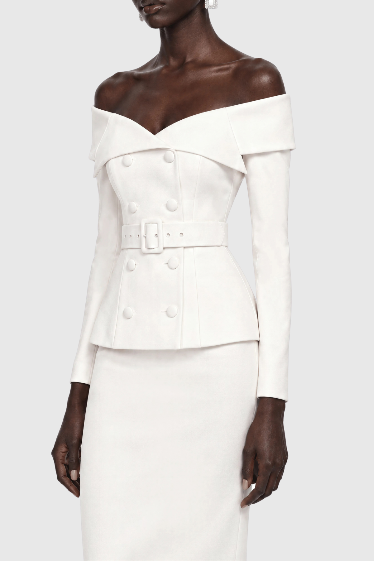 Cressida Off Shoulder Belted Blazer & Midi Skirt Set - White