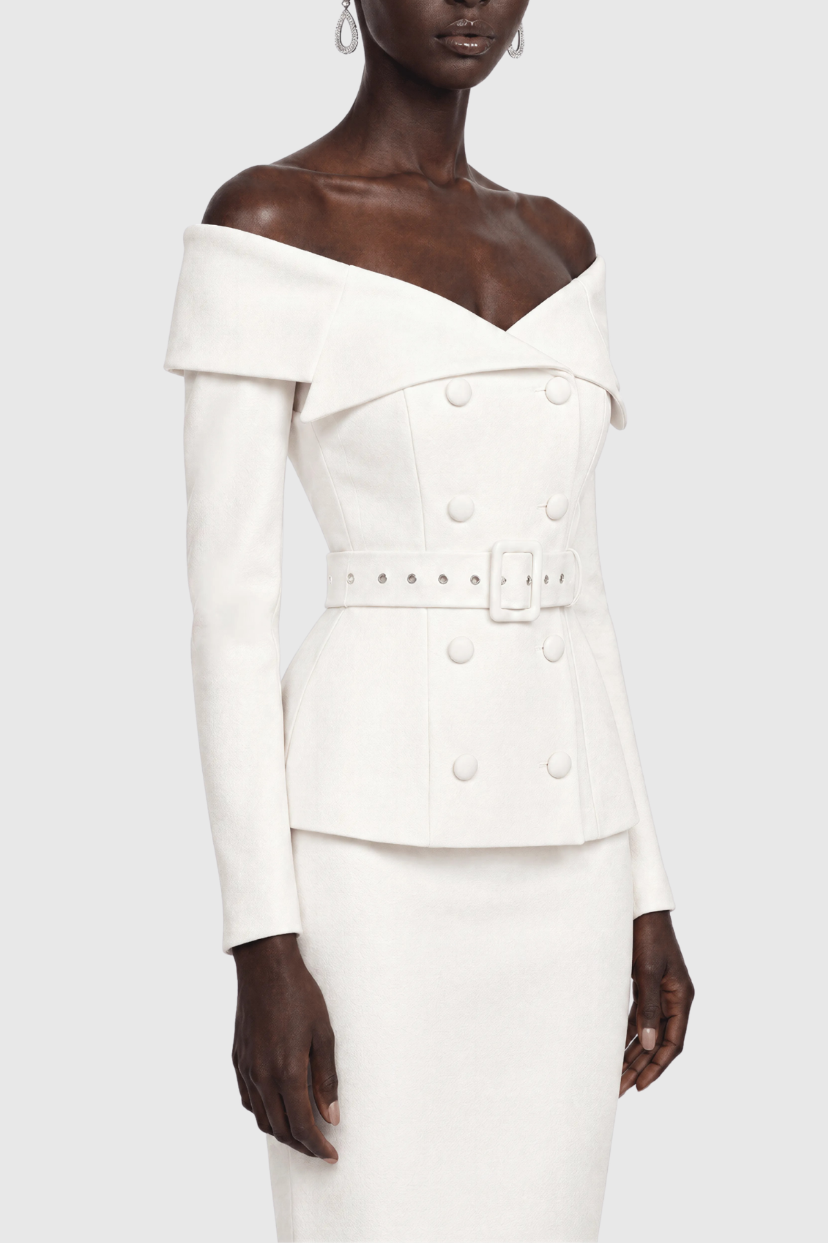 Cressida Off Shoulder Belted Blazer & Midi Skirt Set - White