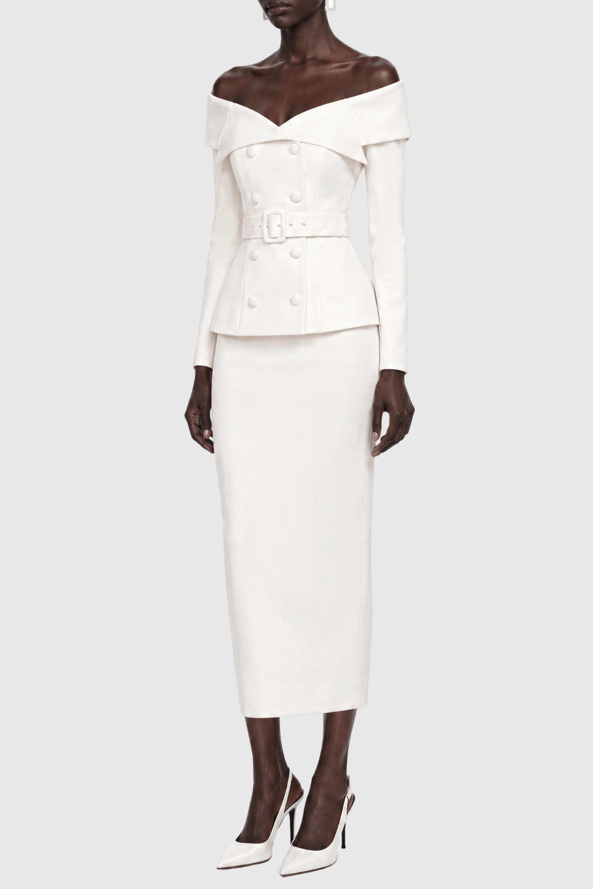 Cressida Off Shoulder Belted Blazer & Midi Skirt Set - White