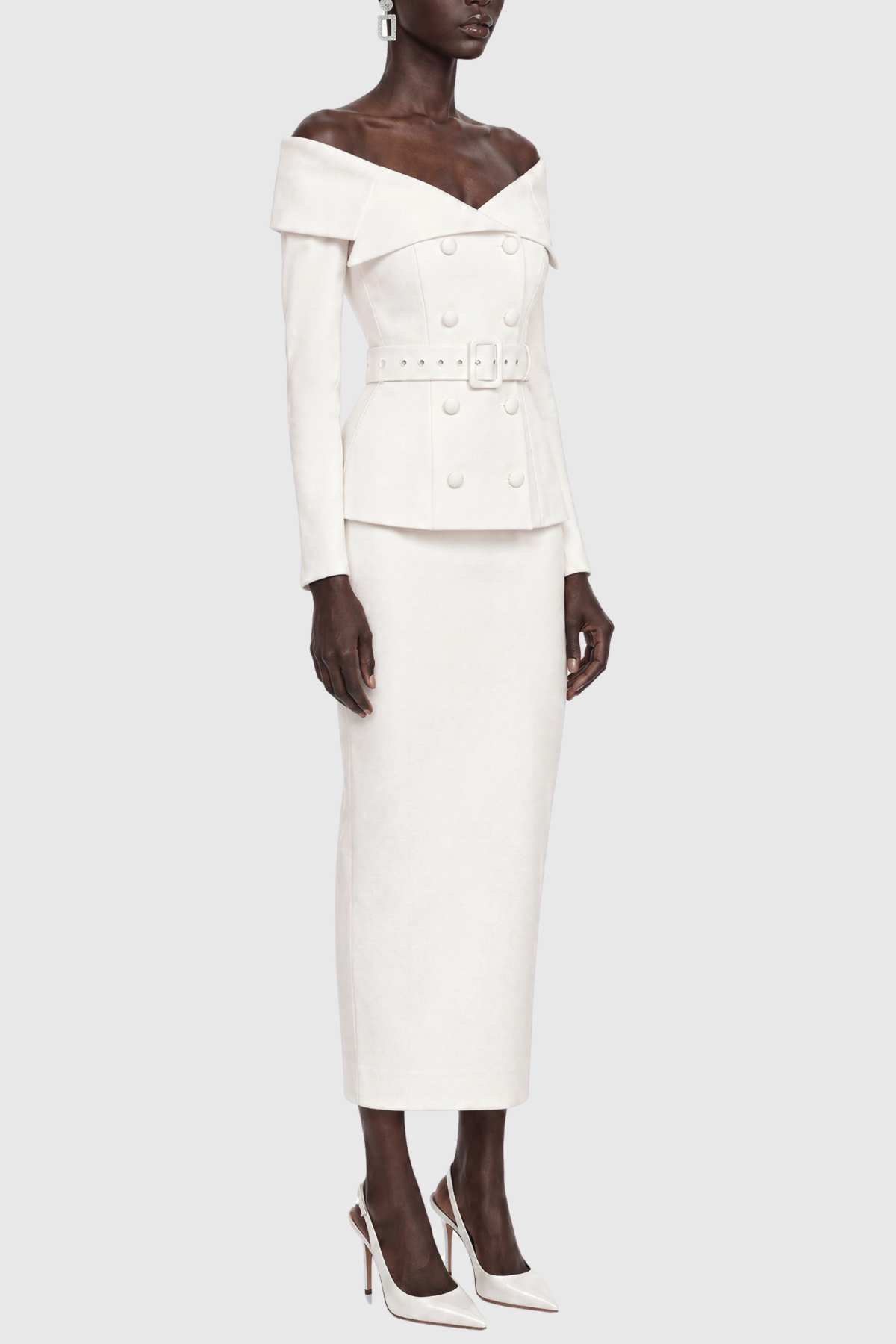 Cressida Off Shoulder Belted Blazer & Midi Skirt Set - White