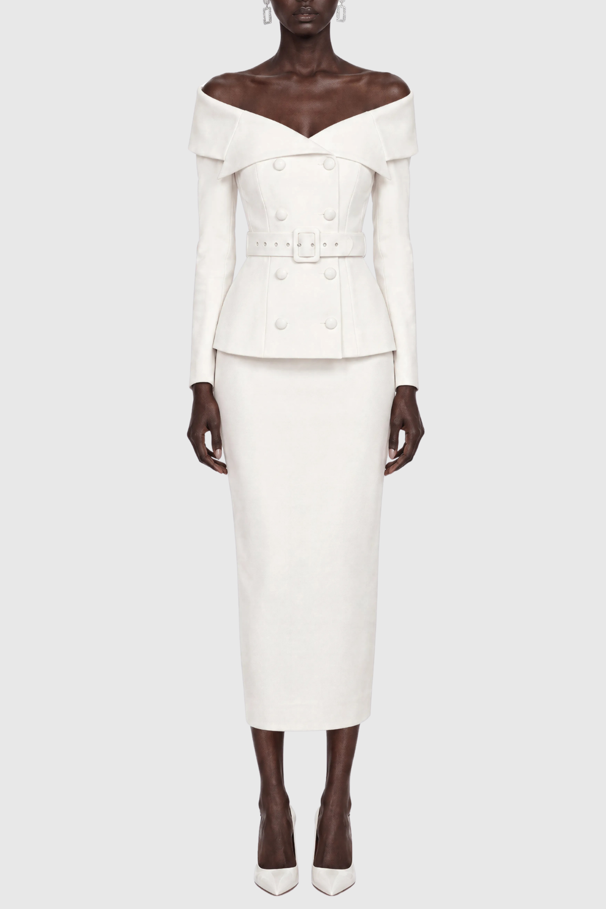 Cressida Off Shoulder Belted Blazer & Midi Skirt Set - White