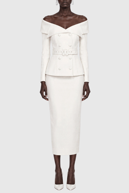 Cressida Off Shoulder Belted Blazer & Midi Skirt Set - White