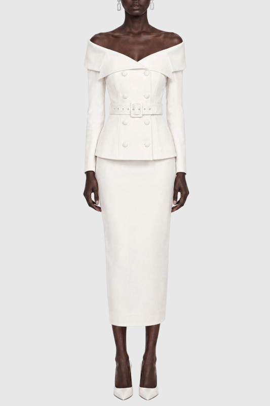 Cressida Off Shoulder Belted Blazer & Midi Skirt Set - White