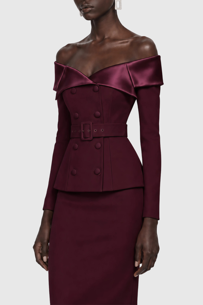 Cressida Off Shoulder Belted Blazer & Midi Skirt Set - Wine