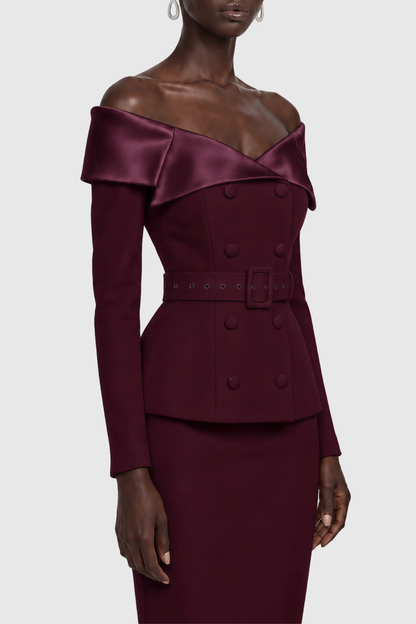 Cressida Off Shoulder Belted Blazer & Midi Skirt Set - Wine