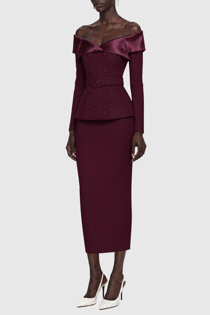 Cressida Off Shoulder Belted Blazer & Midi Skirt Set - Wine