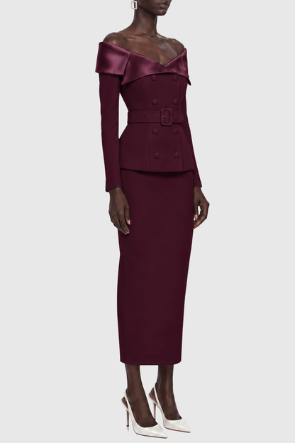 Cressida Off Shoulder Belted Blazer & Midi Skirt Set - Wine
