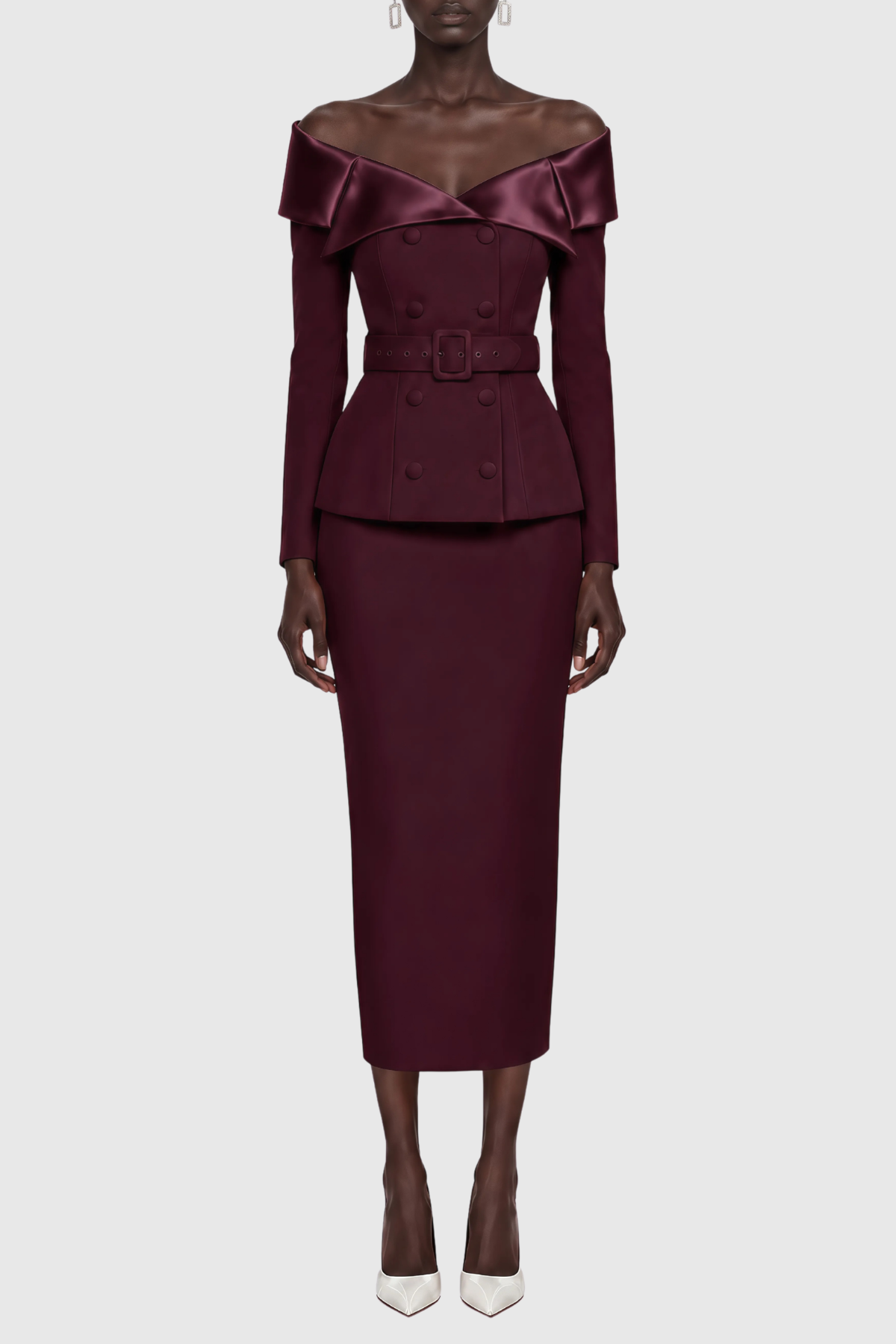 Cressida Off Shoulder Belted Blazer & Midi Skirt Set - Wine