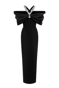 Sloan Halter Diamond Off-The-Shoulder Bandage Maxi Dress