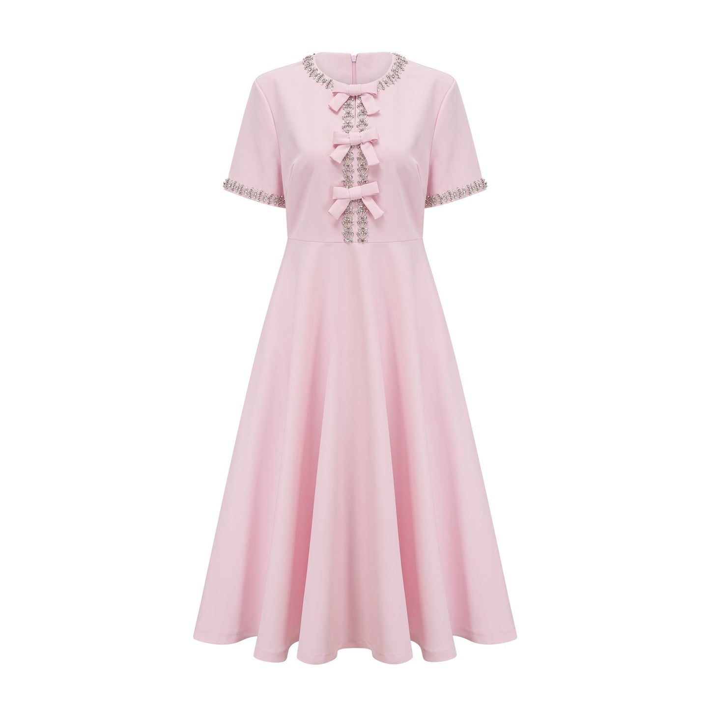 Cassiopeia crystal-accented pink bow midi dress